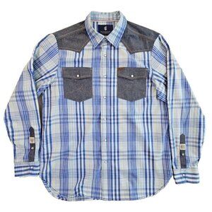 Rocawear Western Shirt Men's XL Blue Plaid Pearl Snap Denim Patches Classic EUC